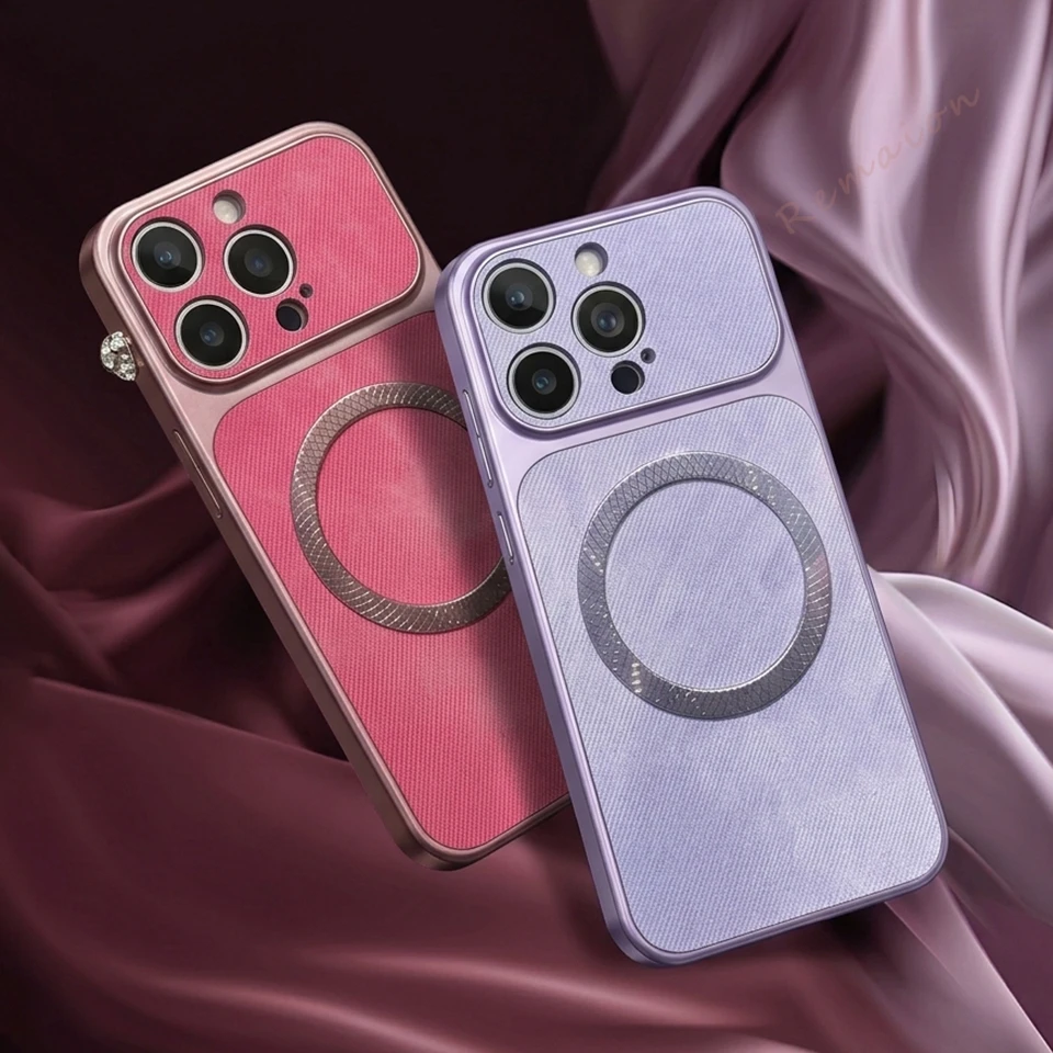 

Magnetic Canvas Cloth Phone Case For iPhone 13 14 15 16 17 Pro Max Magsafe Luxury Big Windows Shockproof Protector Cover