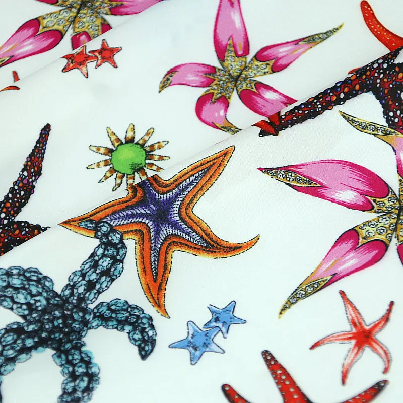 Colorful Starfish Printed Imitate Silk Satin Fabric For Sew Women's Dress Blouse Pajamas DIY Cloth Sewing Material