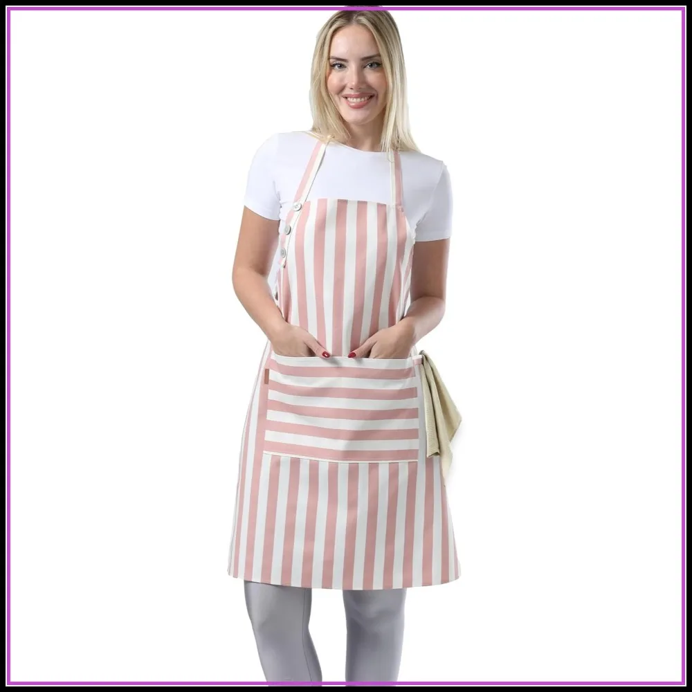 

Waterdrop Resistant Cotton Kitchen Apron with Adjustable Neck, Pockets for Women Men Cooking Baking, Powder Pink