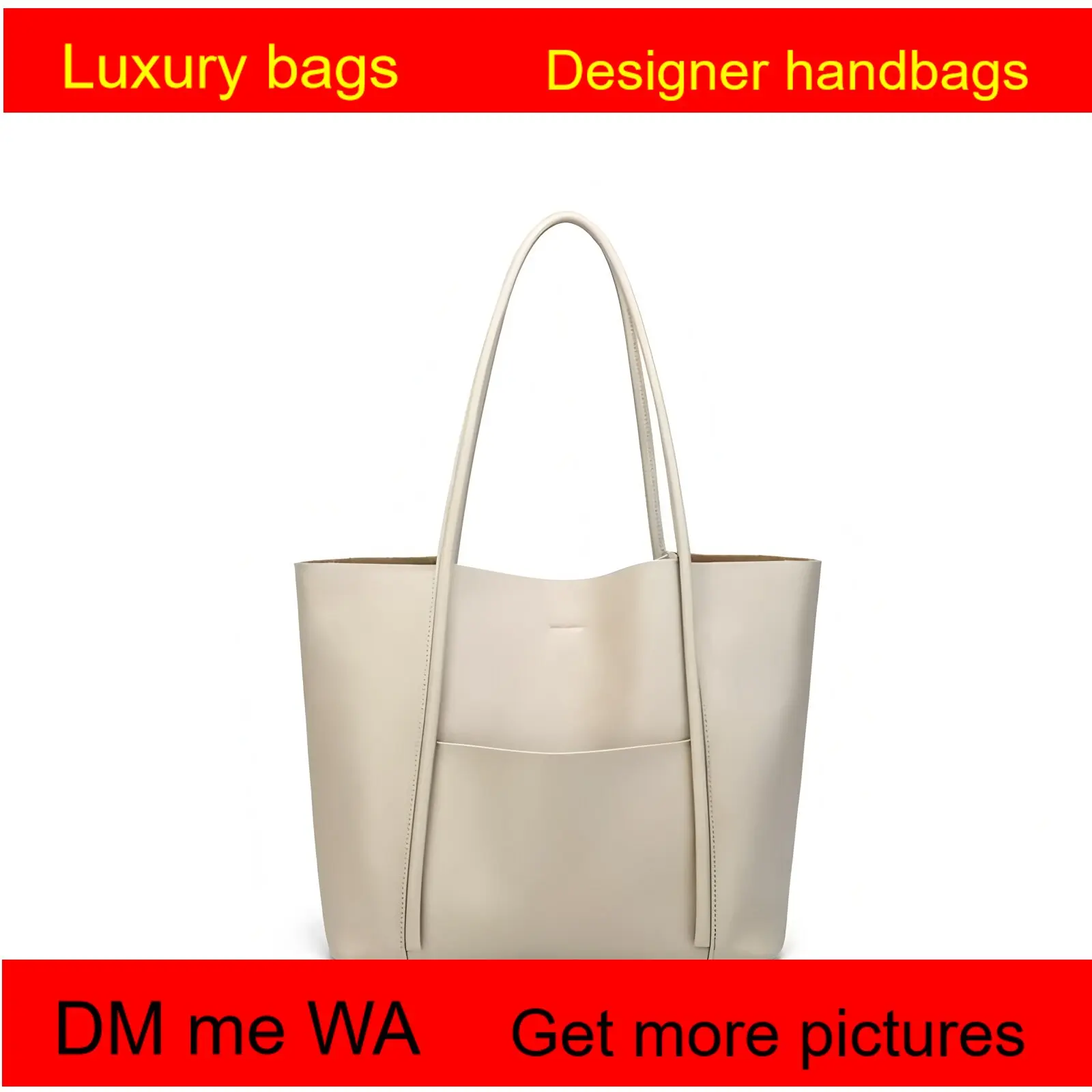

Minimalist Beige Genuine Leather Tote Bag with Front Pocket & Long Shoulder Straps