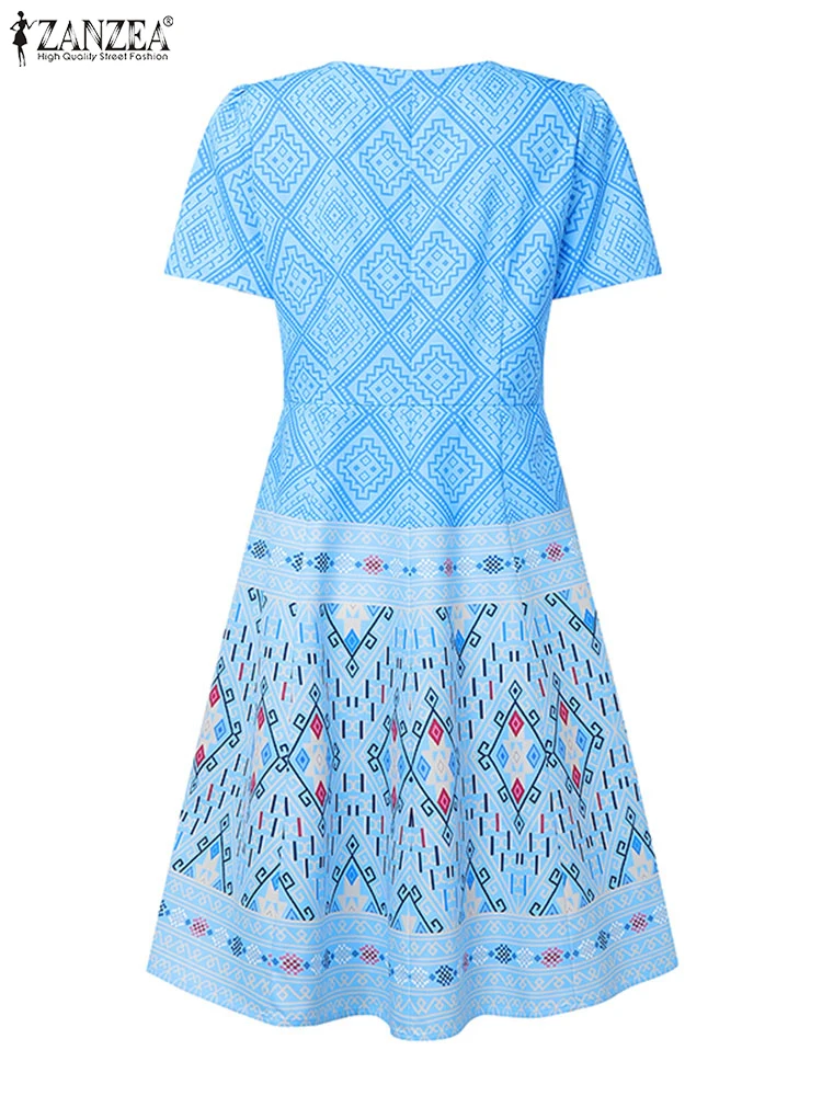 2025 ZANZEA 우아한 오피스 드레스 여성 여름 짧은 소매 미디 Sundress 패션 파티 Vestido 캐주얼 스퀘어 칼라 롱 가운