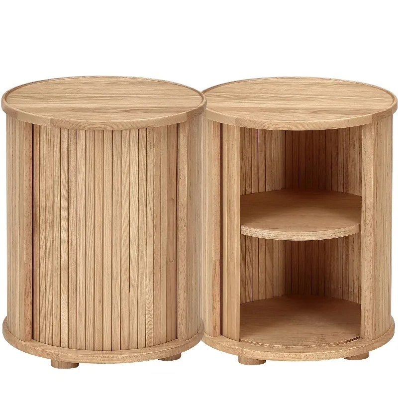 

【Popular】 Ribbing Sliding Doors Solid Natural Ash Wood Round Bed Side Table With 2 Layers Nightstand Bed End Table Storage Bedro