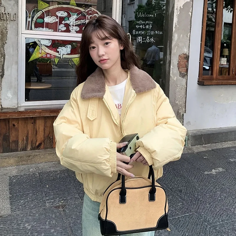 Parkas de muy buen gusto coreano para mujer, abrigos hinchados informales holgados y cálidos con bolsillo y cremallera, prendas de vestir de manga larga con cuello de piel dulce de retazos, novedad