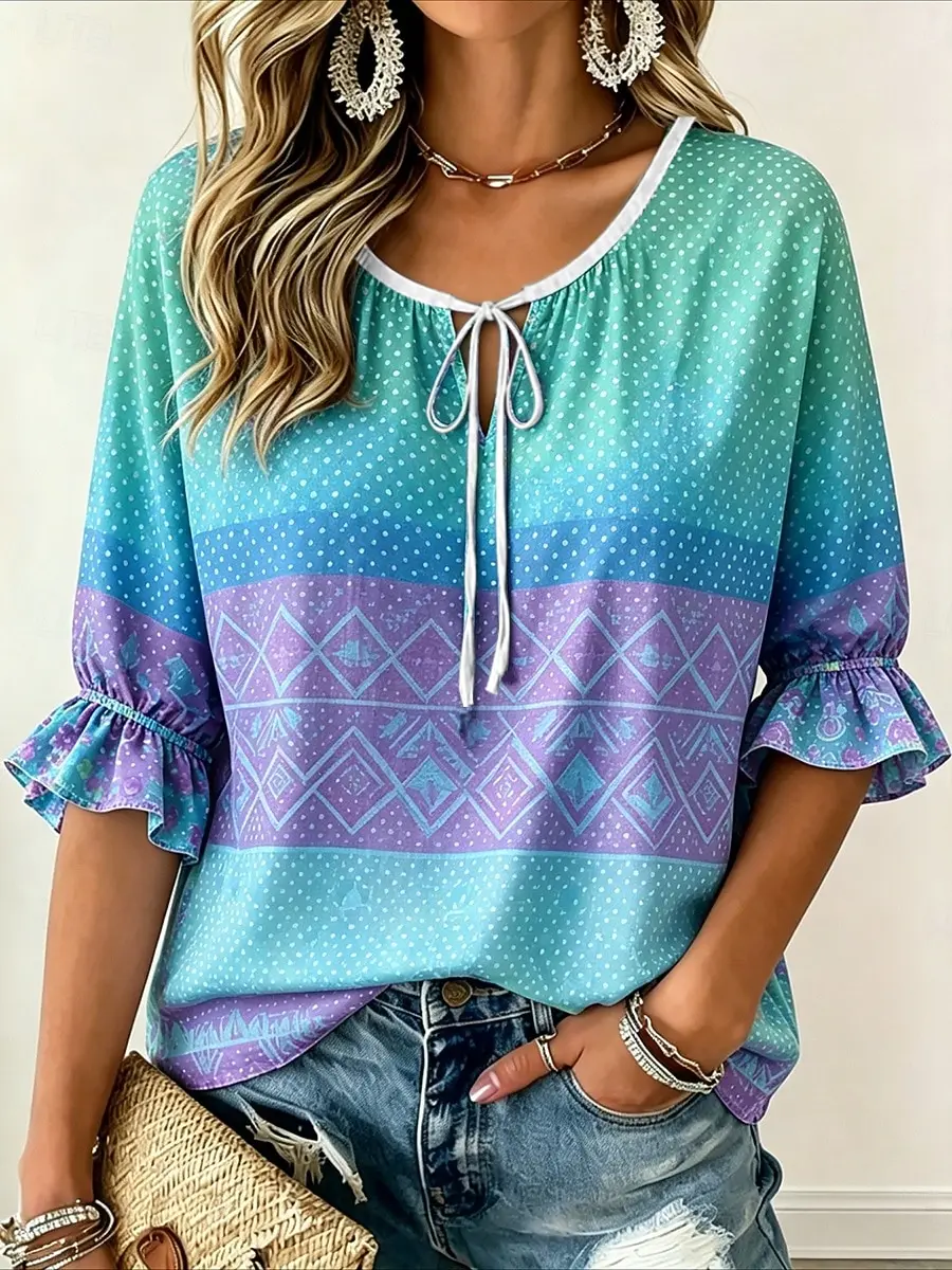 

Women's Teal & Purple Geometric Print Tie Neck Blouse, Casual Loose Tops for Spring Summer Daily Wear & Vacation Occasions