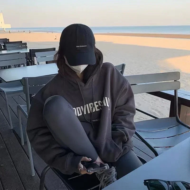 Women Letter Print Hoodies Autumn Winter Vintage Long Sleeves Sweatshirt Harajuku Casual Warm Oversized Streetwear Pullover Tops