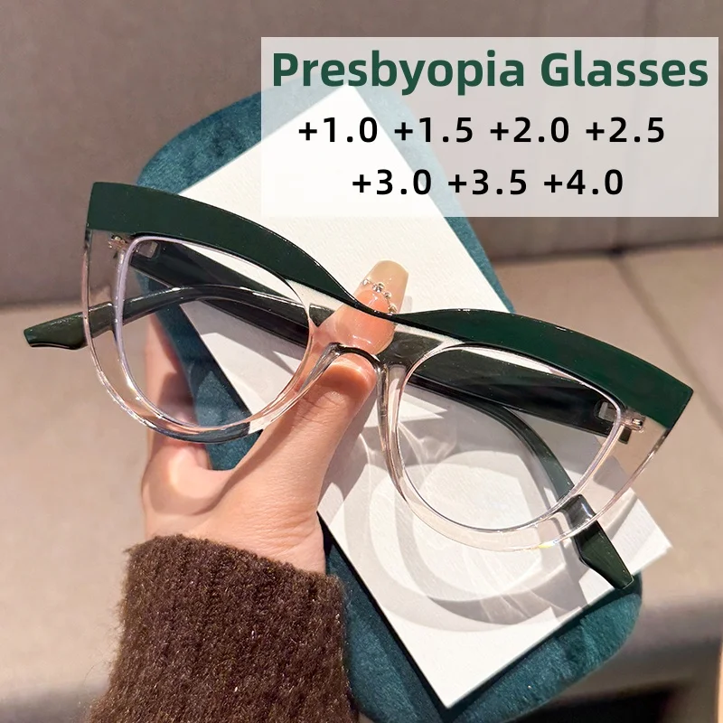 

Personalized Large Frame Presbyopia Glasses Fashion Color Blocked Cat Eye Metal Teeth Anti Blue Light Glasses Diopter To +4.0