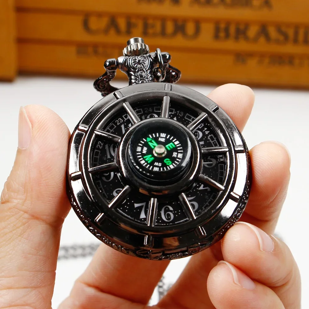 Montre de poche à quartz avec boussole noire vintage sur collier – Cool pendentif cadeau pour hommes et femmes