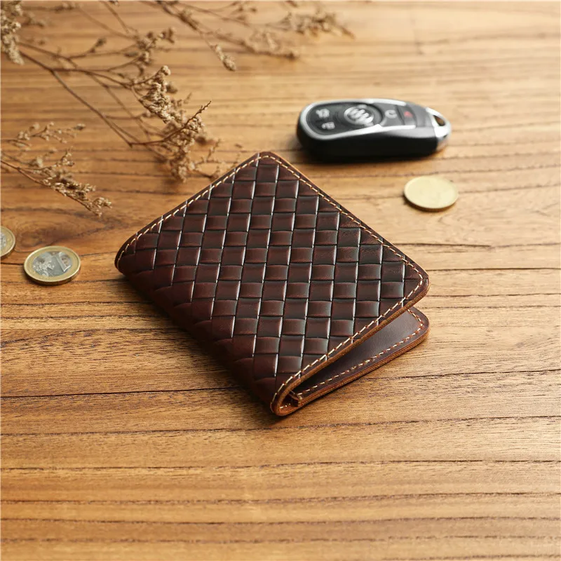 

Woven Men Bifold Wallets Genuine Cowhide Leather Male Short Wallet Men Pocket Card Purses