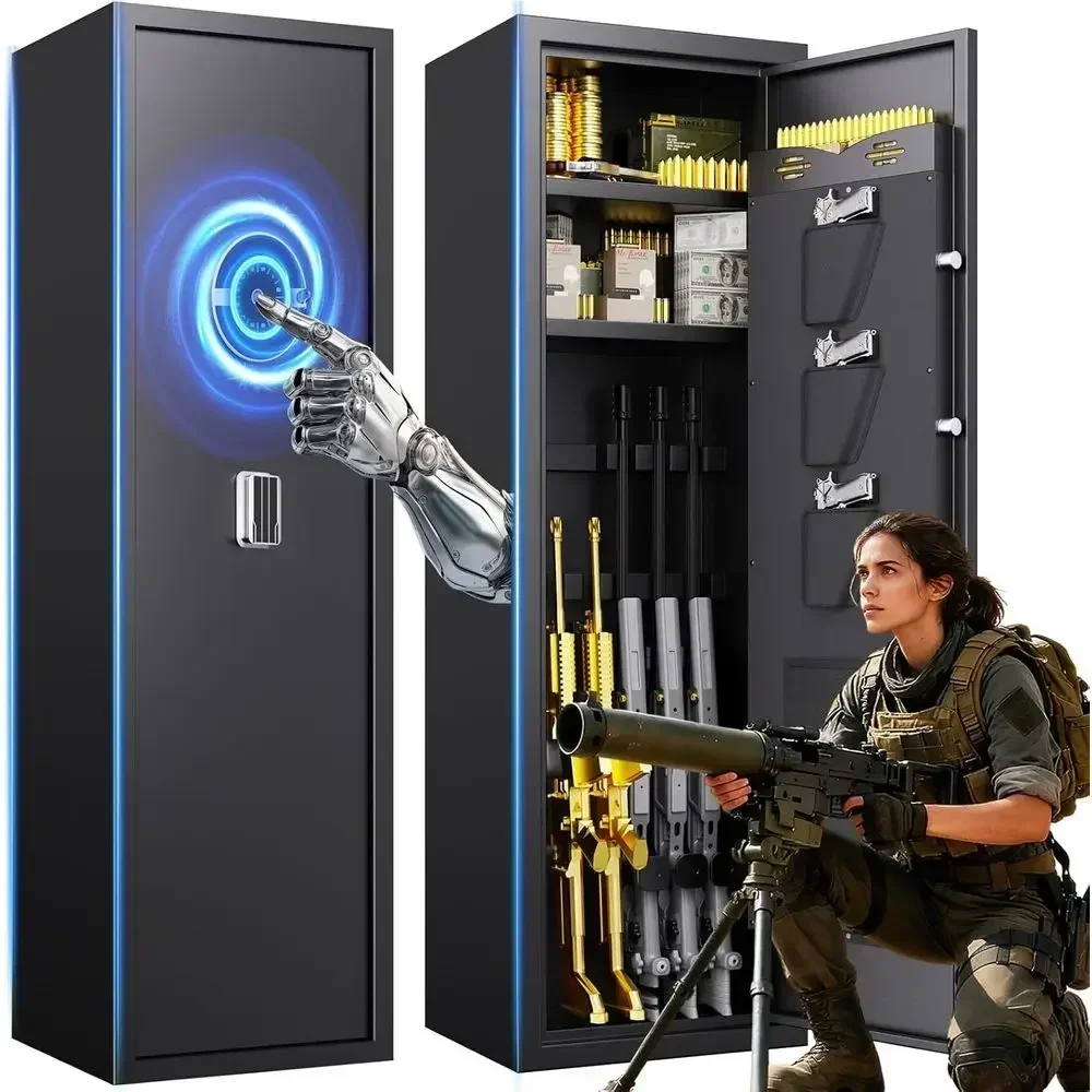 Long Biometric Gun Safe with Adjustable Shelves, LED Light, 12D x 14W x 57H