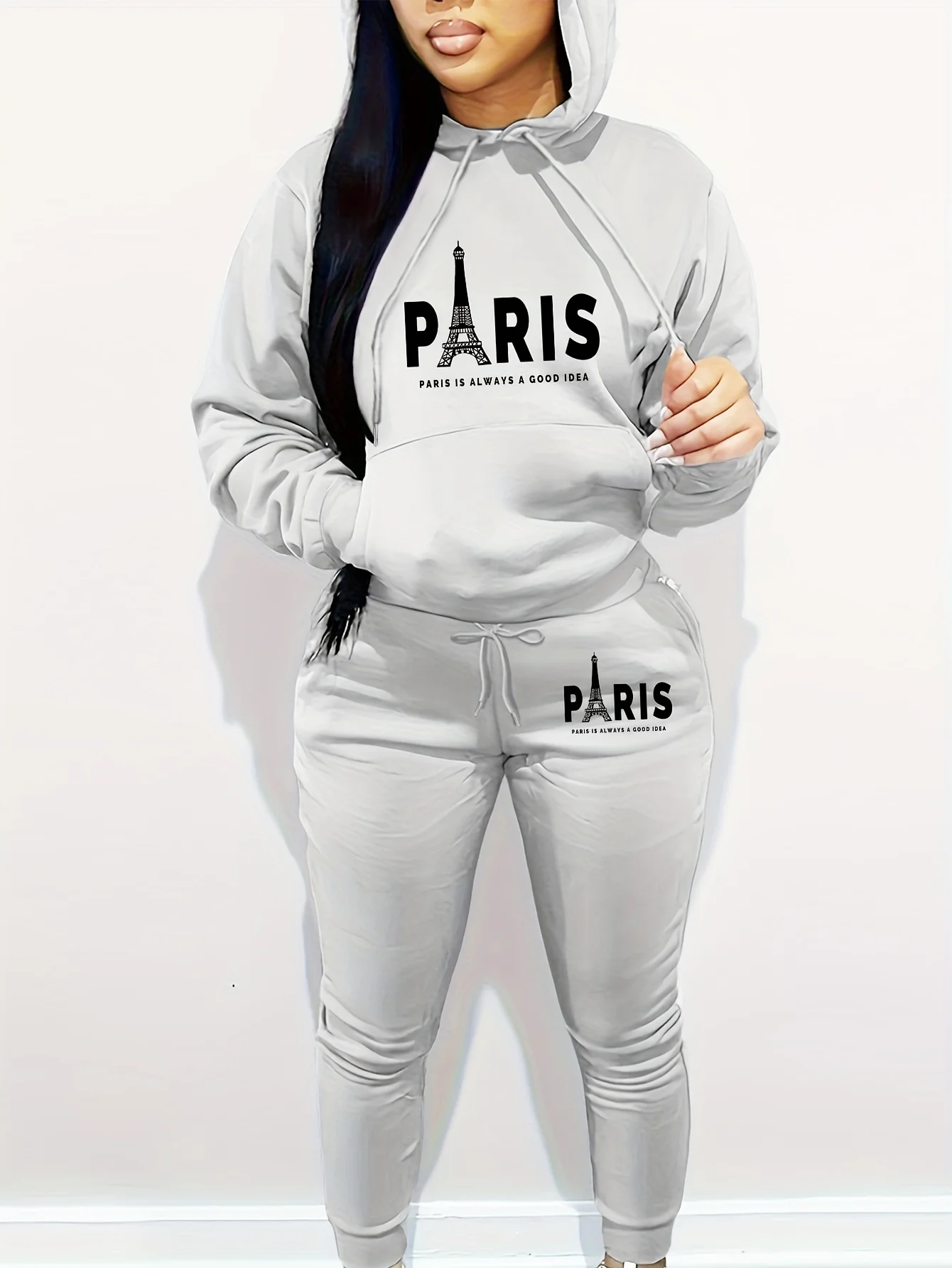 Women PARIS Eiffel Tower Print 2Pcs Tracksuit, Hoodie & Joggers. Casual Letter Sweat Set