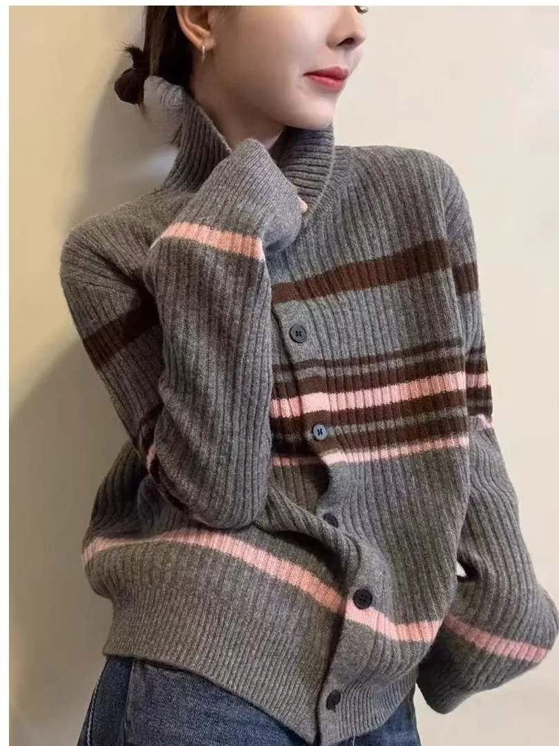 

Ретро-свитер в полоску с высоким воротником для женщин, утепленный, осенне-зимний, мягкий, корейский стиль, для ношения под одеждой