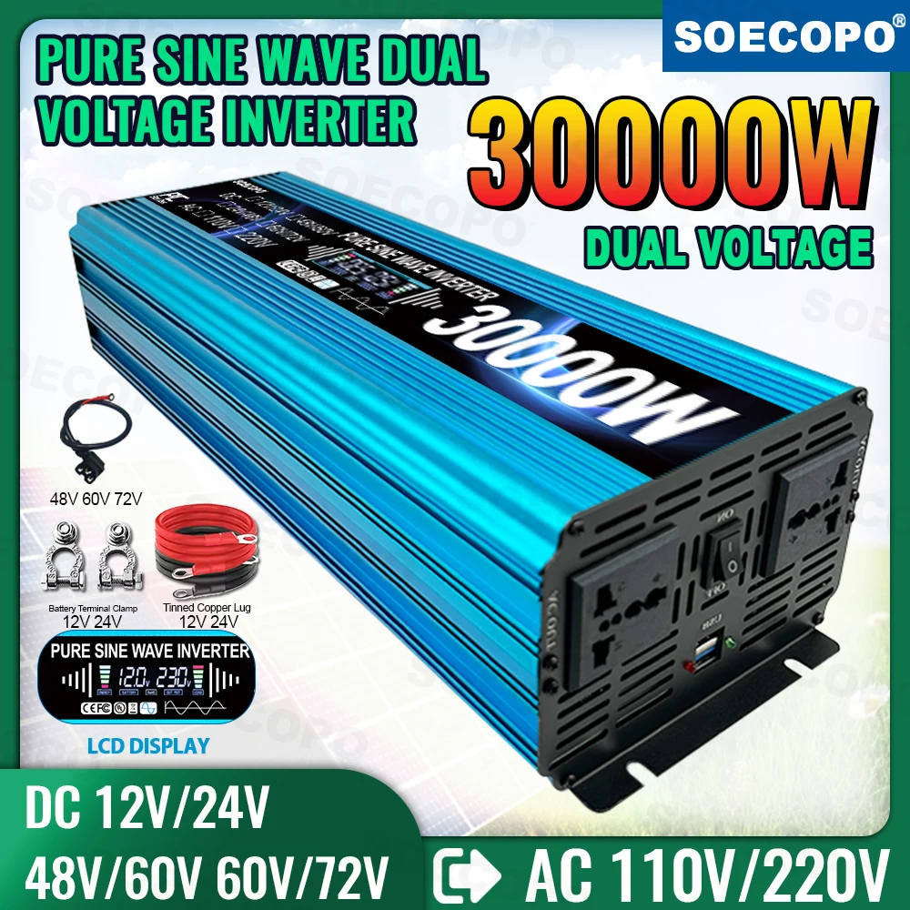 

SOECOPO 30000W Pure Sine Wave Inverter Solar Inverter DC 12/24/48/60/72V To AC 110/220V Dual Voltage Current Inverter RV & Home