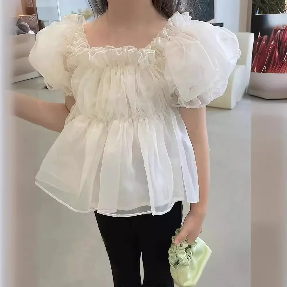 Conjunto de camisa de manga curta feminina, blusa de princesa chiffon, roupa de bebê infantil na moda, verão, novo, na moda, 2024