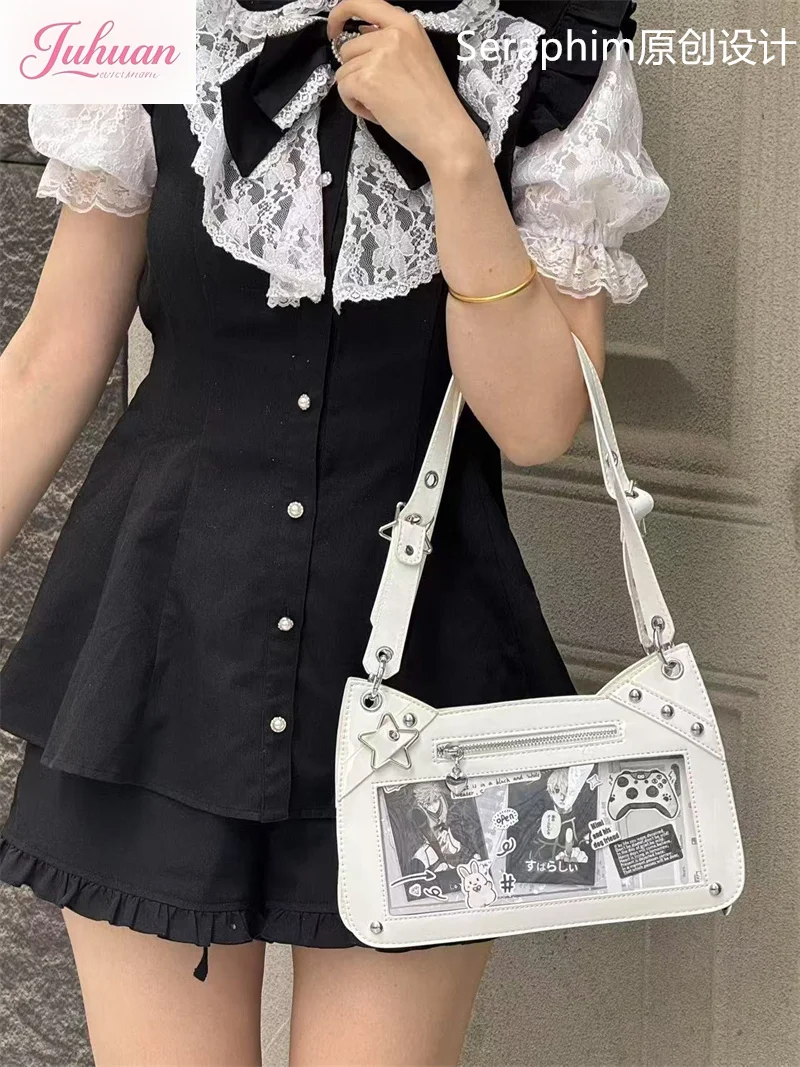 اليابانية الأصلية الكرتون القط لطيف براءات الاختراع والجلود الخفيفة Ltabag المرأة الغذاء الصغيرة واحدة الكتف Crossbody ستار مطاردة حقائب الطفل