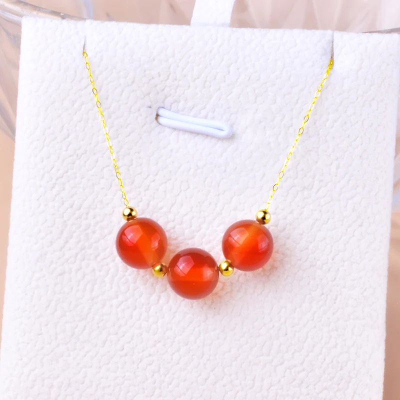 

XF800 New Real 18K Gold Pendant Necklace Red Agate Fine Jewelry Pure Au750 Chain 2mm Ball Anniversary Gift For Women X565