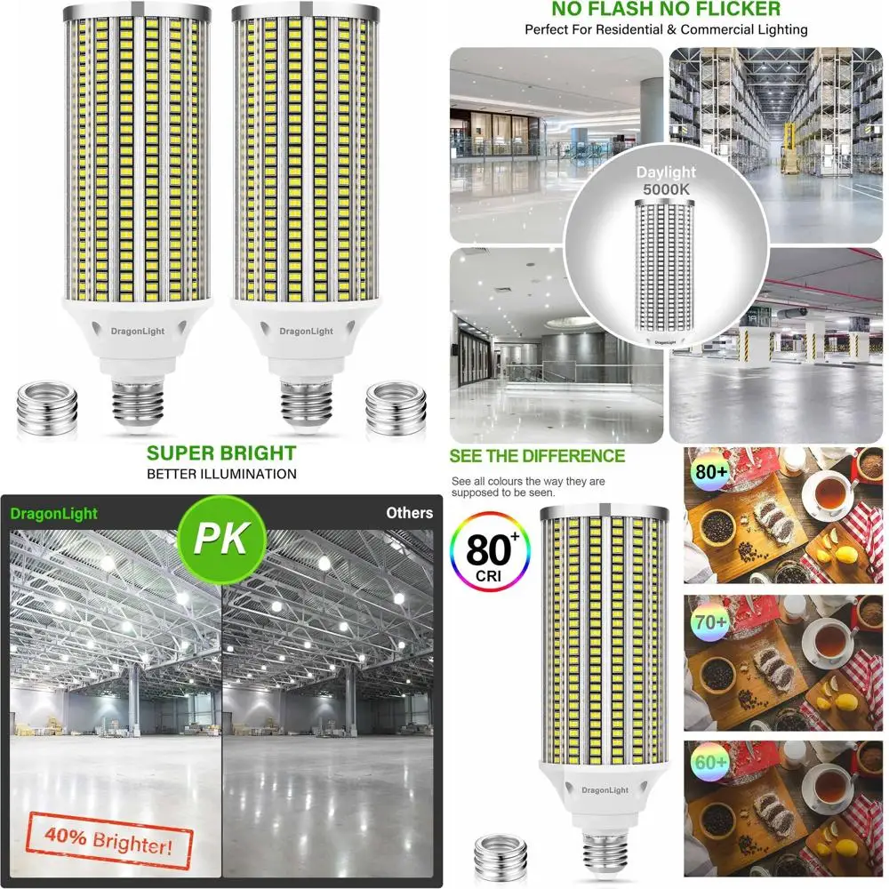

Super Bright 80W LED Corn Light Bulbs, 600W Equivalent, E26/E39 Base, 5000K Daylight, 9600 Lumens, Pack of 2 for High Bay Lighti