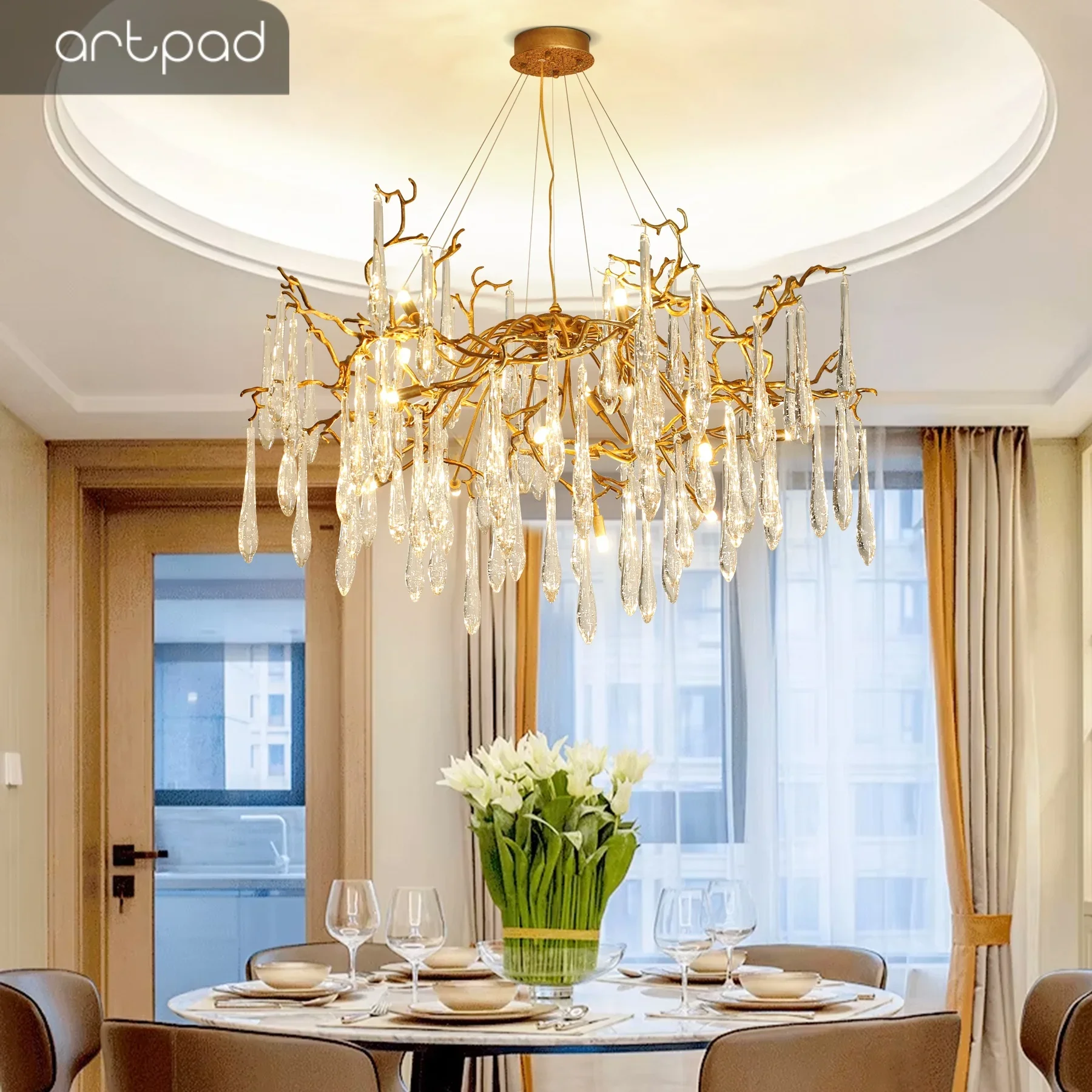 

Modern Serip Crystal Tree Branch Chandelier for Living Room Dining Room Luxury Round Hanging Waterfall Crystal Pendant Vila