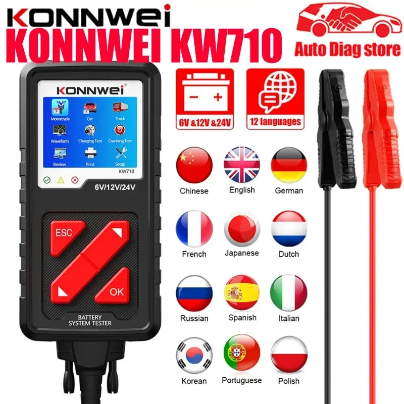 KONNWEI KW710 Motorcycle Car Truck Battery Tester KW 710 Battery Analyser 6V 12V 24V Car Cranking and Charging System Diagnosis