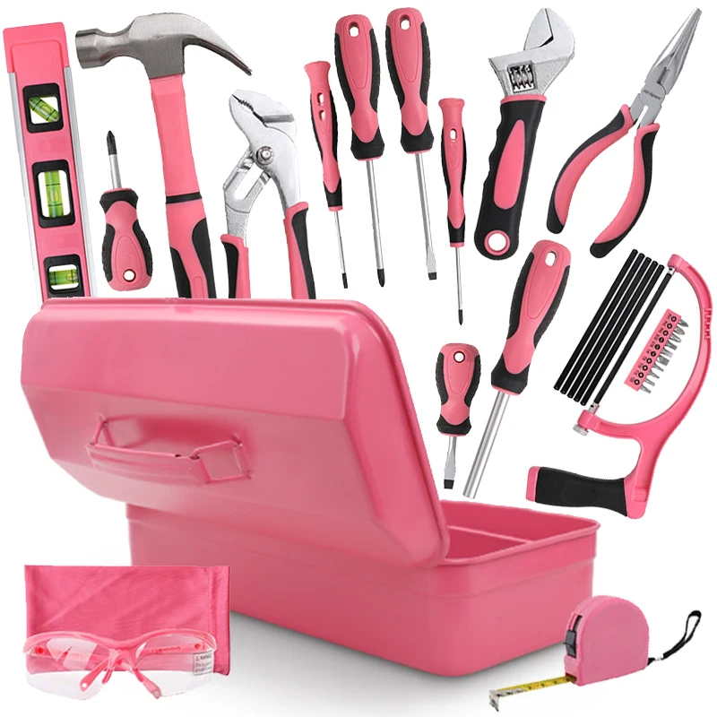 32Pcs Kotak Peralatan Pink untuk Wanita, Kotak Peralatan Tangan - Satu Set Peralatan DIY Rumah Tangga Universal. Peralatan Tangan Logam Tahan Lama untuk Wanita