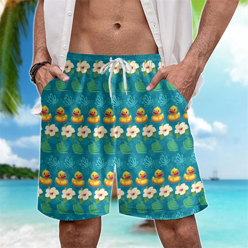 Niedliche Ente Cartoon Grafik Strand Shorts Aloha Junge Stämme Aloha Enten 3D-Druck kurze Hosen für Männer Kleidung Kawaii Tier Hose