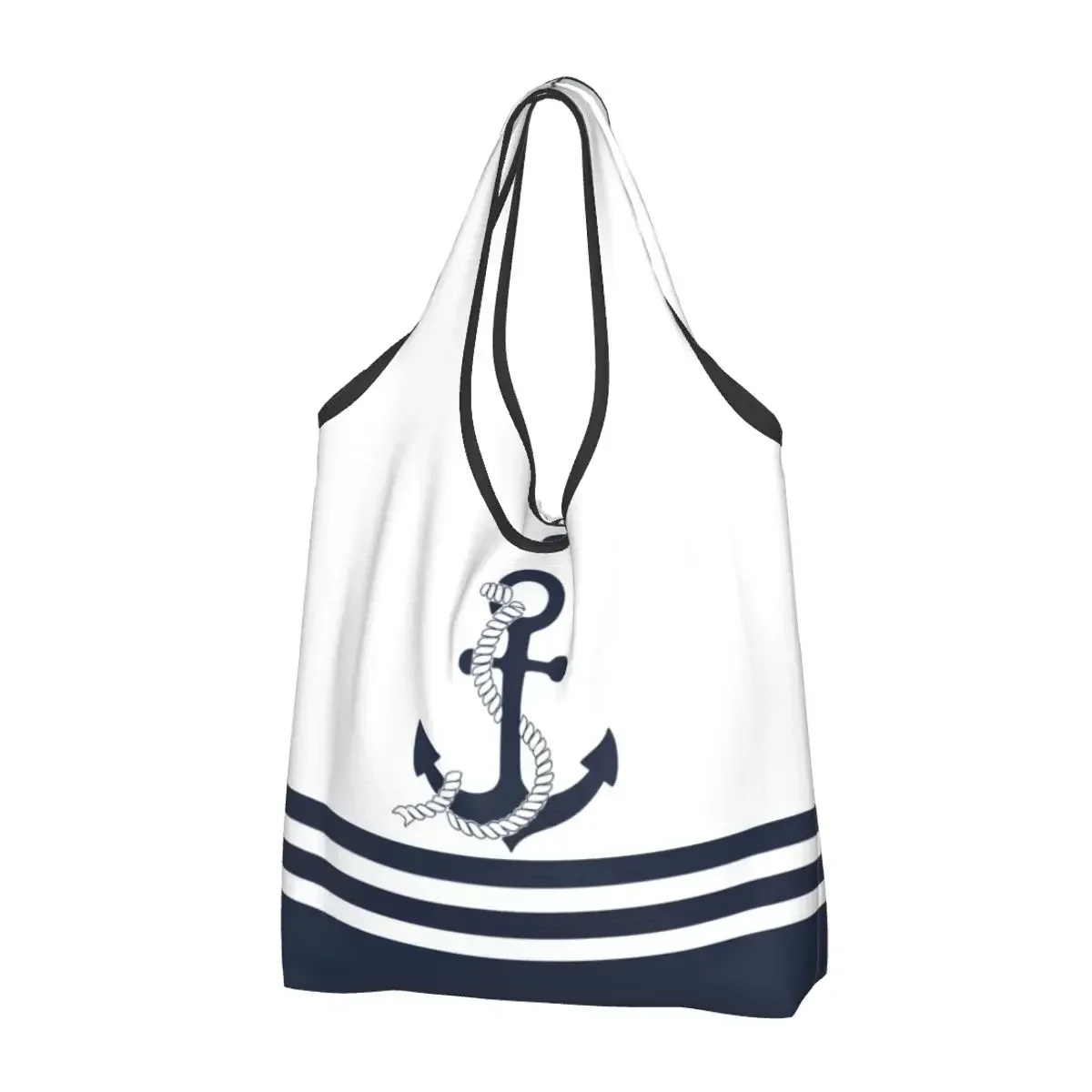 Printed Nautical Blue Anchors With Blue And White Stripes Tote Shopping Bag Portable Shoulder Shopper Sailing Sailor Handbag