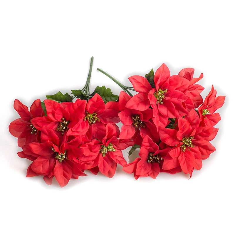 33cm Artificial Poinsettia Bushes Faux 7 Heads White Red Silk Artificial Christmas Flower Bouquet For Home Wedding Party Decor