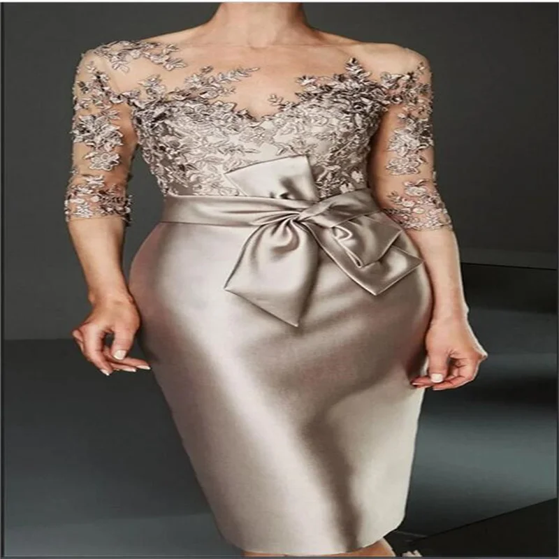 Mother of the Bride Summer Dresses Short Brown Mother Formal Wedding Guest Gown Knee Length Three Quarter Sleeves Evening Dress