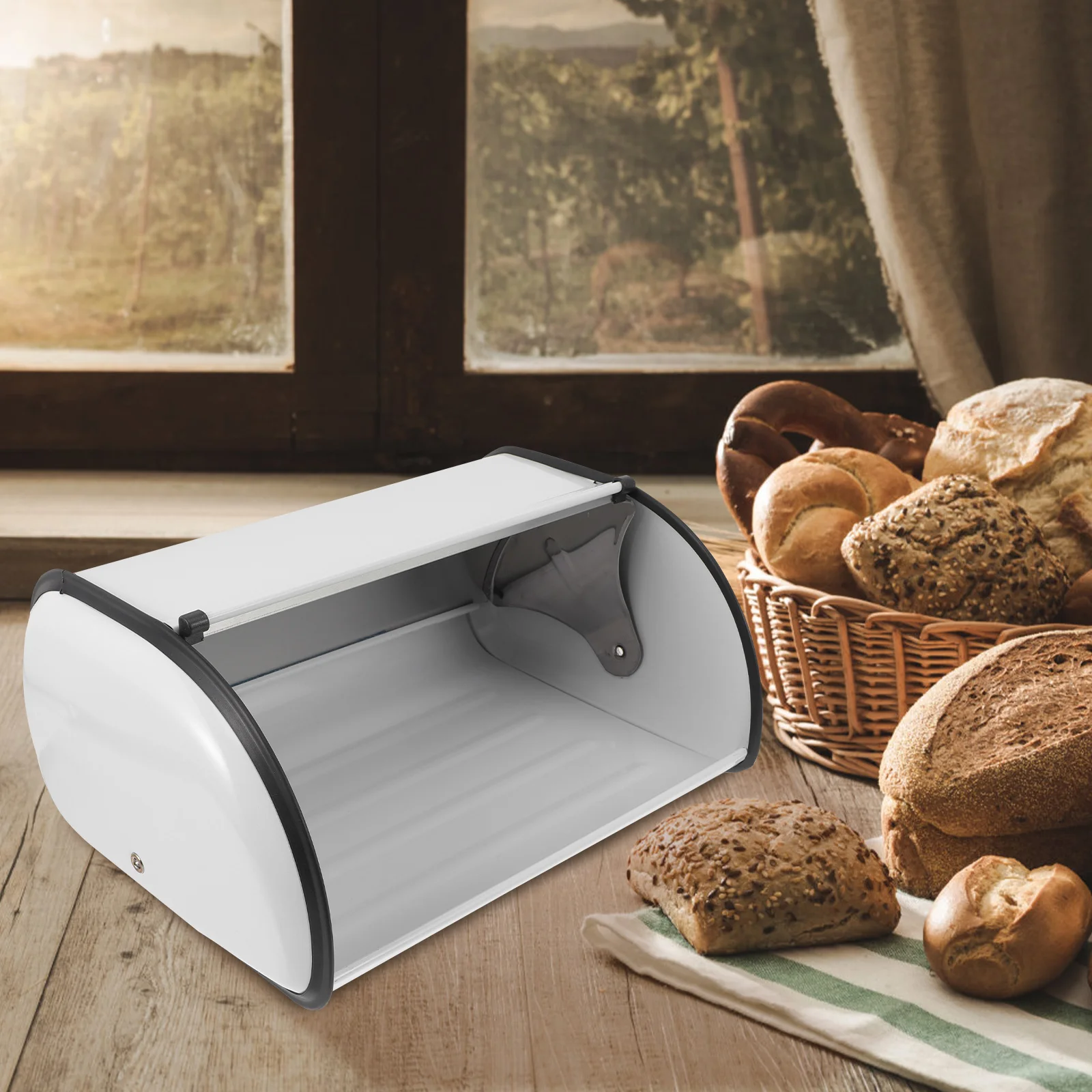

Bread Box Storage Container Household Holder Printing Bin Organizer Countertop White Metal Drum Shaped Lid Kitchen Fruits Snacks