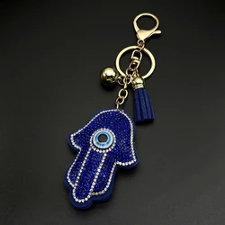 Hamsa Hand Turkish Eye Rhinestone Bag Accessories Tassel Bell Alloy Key Rings Jewelry Gift mano de fatima KXH75S05