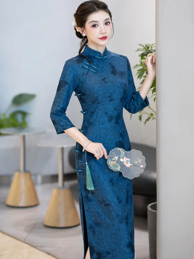 blue-dr-long-sve-women's-sle-retro-faion-daily-wear-breathable-material-chinese-sle-mid-length-skirt