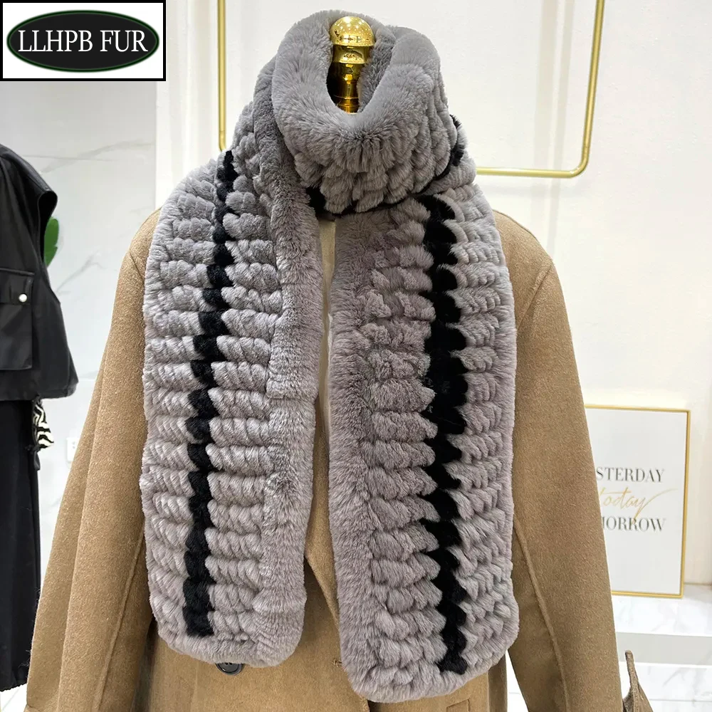 

Women Winter Hight Quality Knitted Real Rex Rabbit Fur Scarf Natural Warm Rex Rabbit Fur Scarves Lady Soft 100% Real Fur Muffler