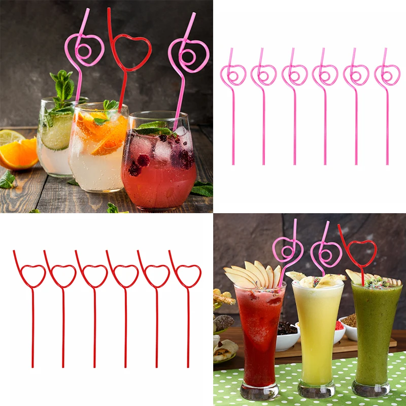 6pcs/Set Unique Pink Red Love Heart Drinking Straws PET Bar Drinking Straws Bachelorette Hen Party Tableware Supply Wedding Gift