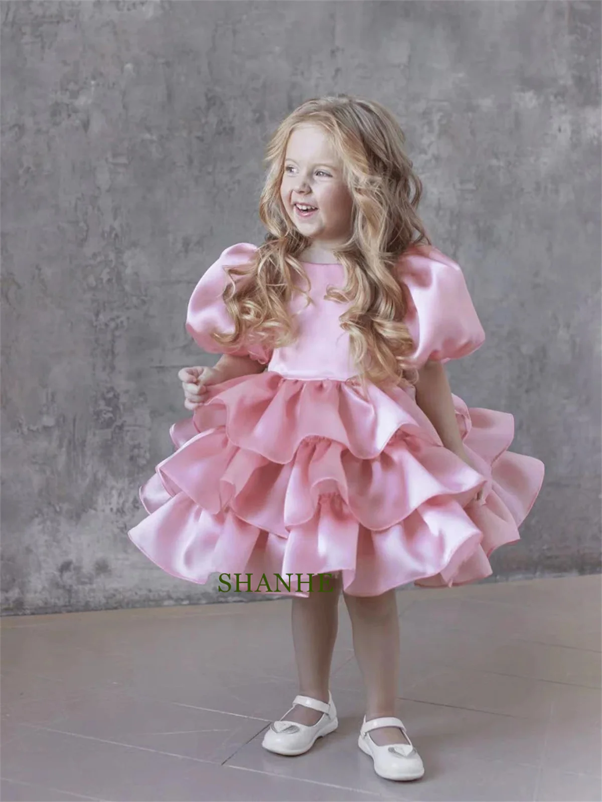 

CustomizedFlower Girl Dress For Wedding Tiered Satin Knee Length Bubble Sleeve With Bow Child's First Eucharistic Birthday Party