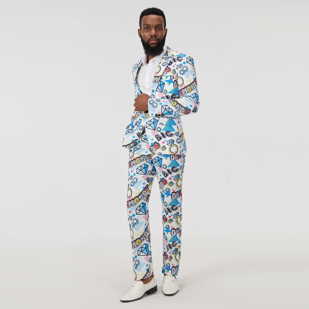 Mens New Fashion Print Suits Set 2PCS (Blazers + Pants) Man Slim Fit Party Stage Costumes Coat Casual Slim Fit Jacket