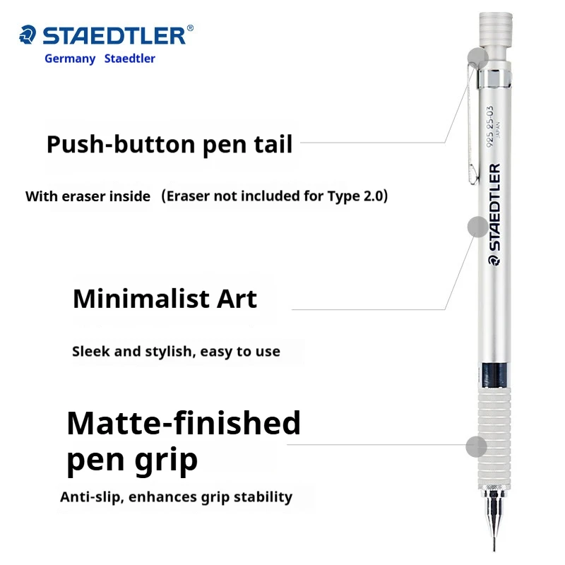 Staedtler 925 Full Metal Draft Mechanical Pencil,0.3/0.5/0.7/0.9/1.3/2.0mm Low Profile For Professional Sketch&Technical Drawing