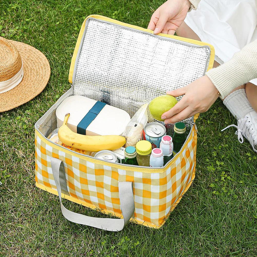 Outdoor Thickened Insulated Lunch Handbags Large Capacity Camping Storage Bags Waterproof Checkered Picnic Cold Protection Totes