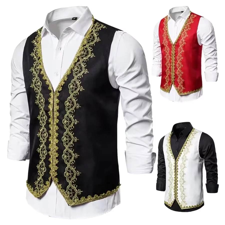 New Stylish Gold Embroidery Baroque Vests Men's Slim Palace Banquet Clothing Waistcoat Men Stage Prom Drama Opera Costume Gilet