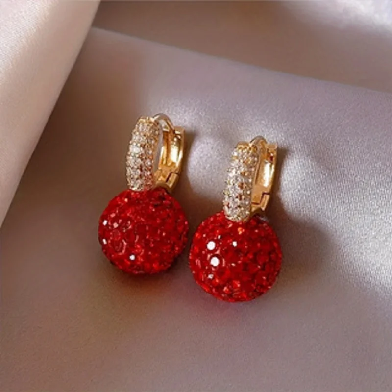 Luxury Red Cubic Zirconia Ball Dangle Earrings for Women Exquisite Golden Color U Shaped Drop Earring Party Jewelry