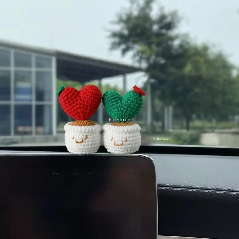 Hand Knitted Red Love Heart Shaped Car Decor,Crochet Cute Car Plant Dashboard Decorations Car Interior Accessories for Women