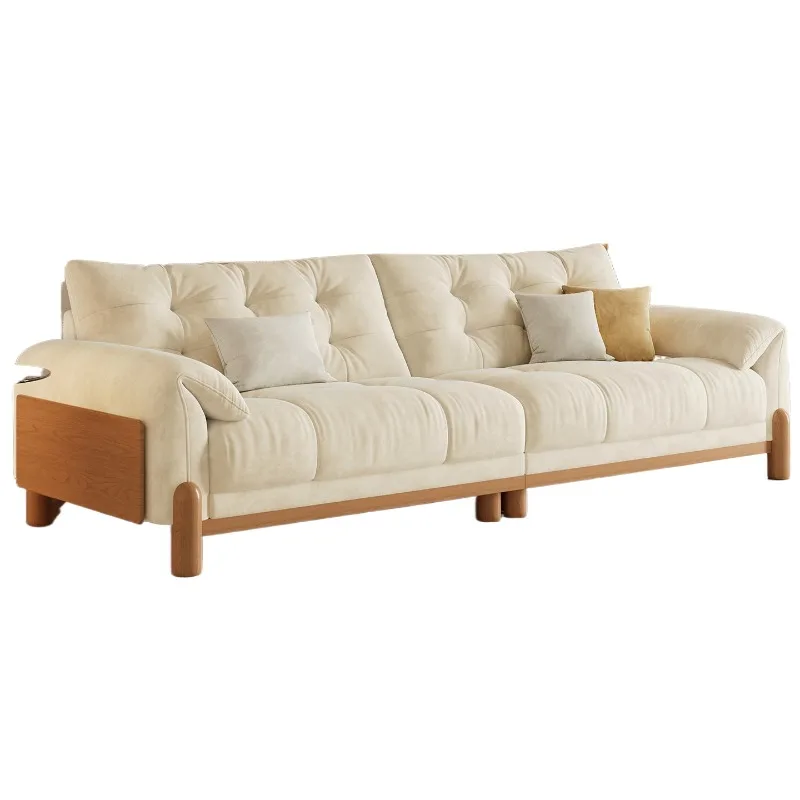 

2025 new Nordic style solid wood fabric sofa Japanese oak small apartment living room cream style fabric sofa