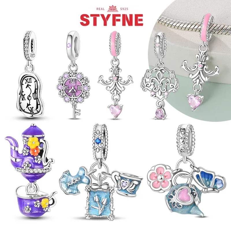 

2025 Silver S925 Tea Party Pink Princess Series Charms Heart Bead Fit Original Bracelet for Women DIY Fine Jewelry Birthday Gift