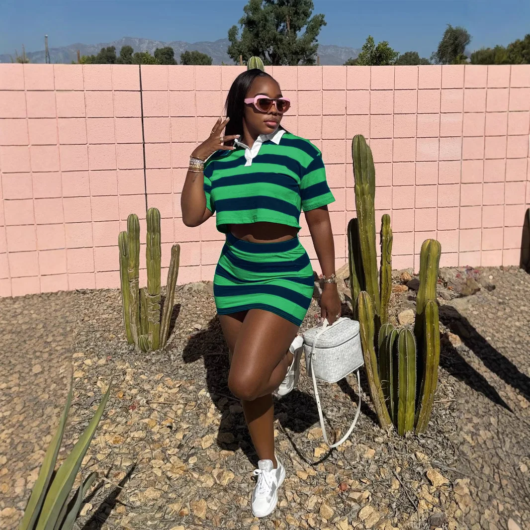 여성 스트라이프 섹시 숏 스커트 세트 여름 라펠 탑 섹시 힙허깅 스커트 투피스 세트 여성 파티 스트릿웨어 2025 의상