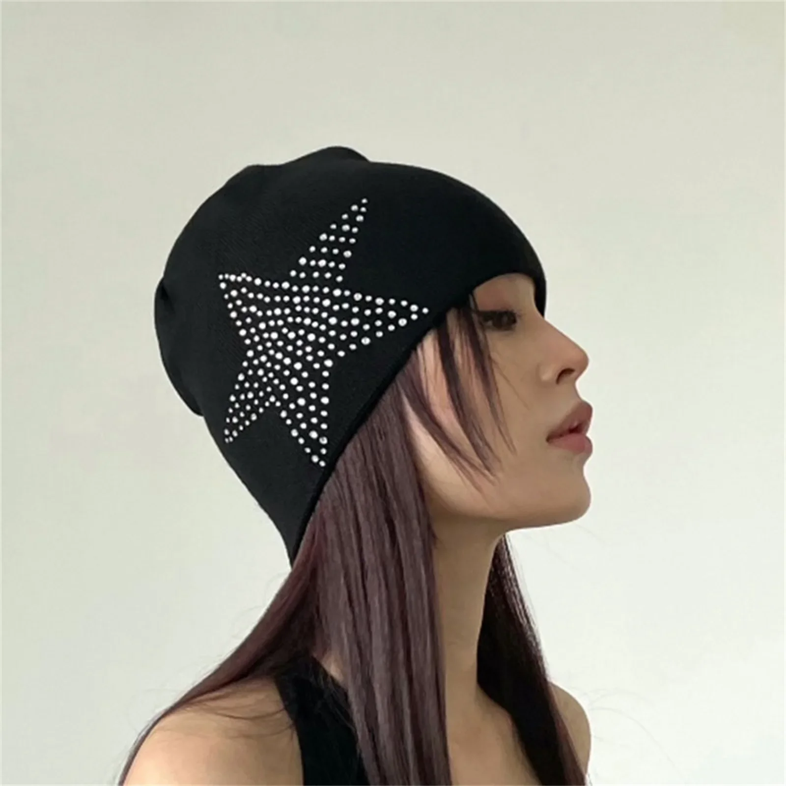 Women Winter Warm Beanie Hat Rhinestone Star Print Fashion Skating Camping Hiking Cap