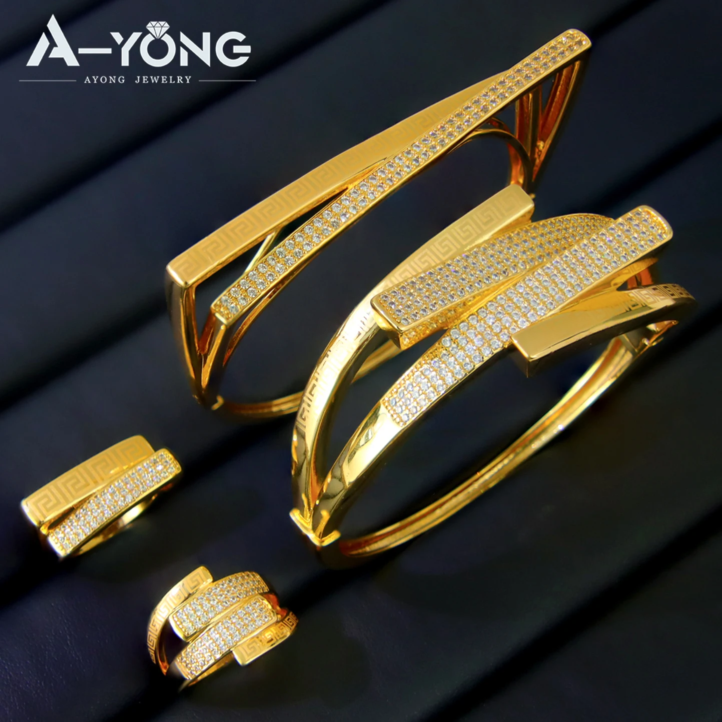 Unique Irregular Zirconia Bracelet Ring Set 21k Gold Plated Arabic Creative Geometry Cuff Bangles Dubai Women Party Jewelry