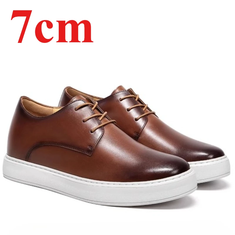 Height-increasing 7cm Men's Shoes Genuine Leather Casual Board Shoes Comfortable Breathable Brown Cowhide Elevated Shoes for Man