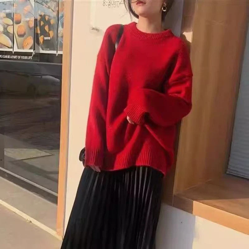 Rimocy Autumn Winter Red Sweater Women Round Neck Loose Knitted Jumpers Woman Christmas Style Long Sleeve Chic Sweaters Female