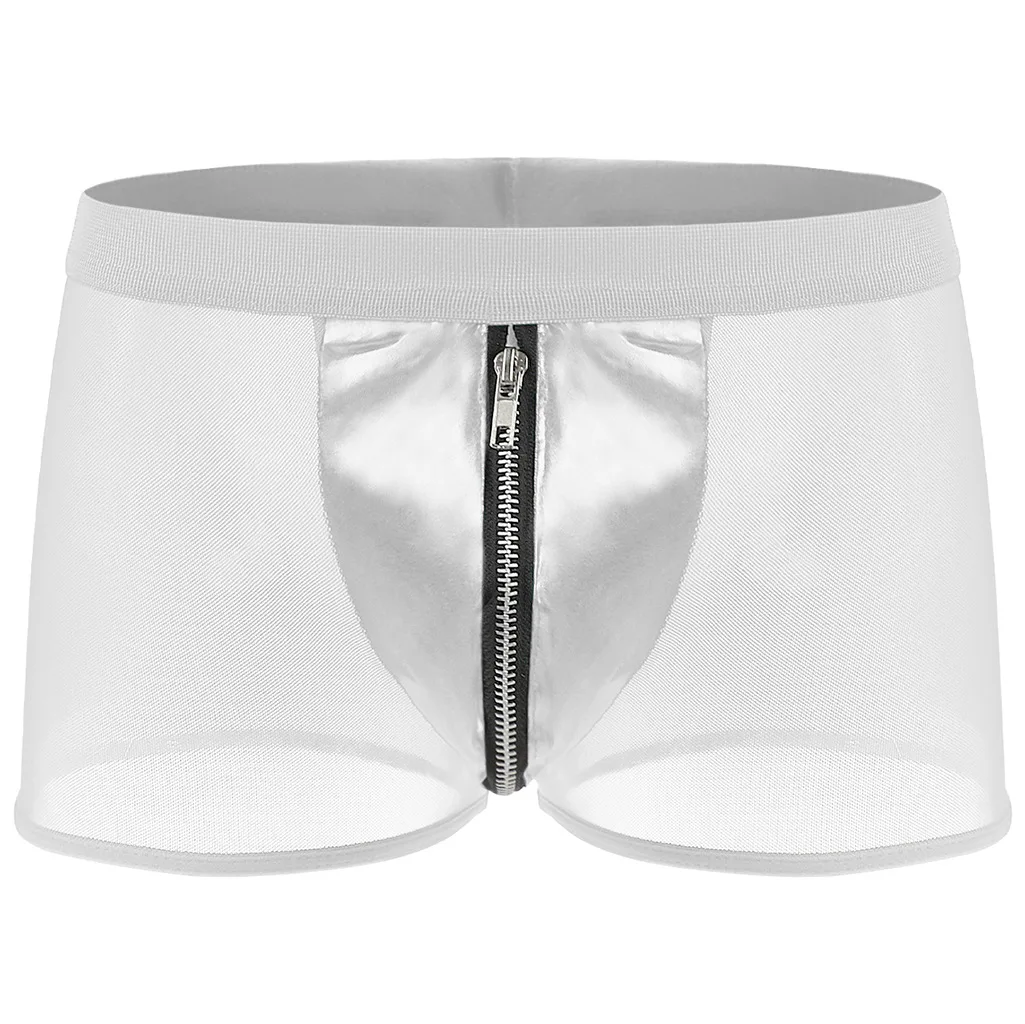 Celana Dalam Pria Model Terbuka, Celana Dalam Pria Model Boxer, Celana Dalam Pria Model Boxer Pinggang Sedang Bahan Kulit Imitasi Jala Halus dengan Ritsleting