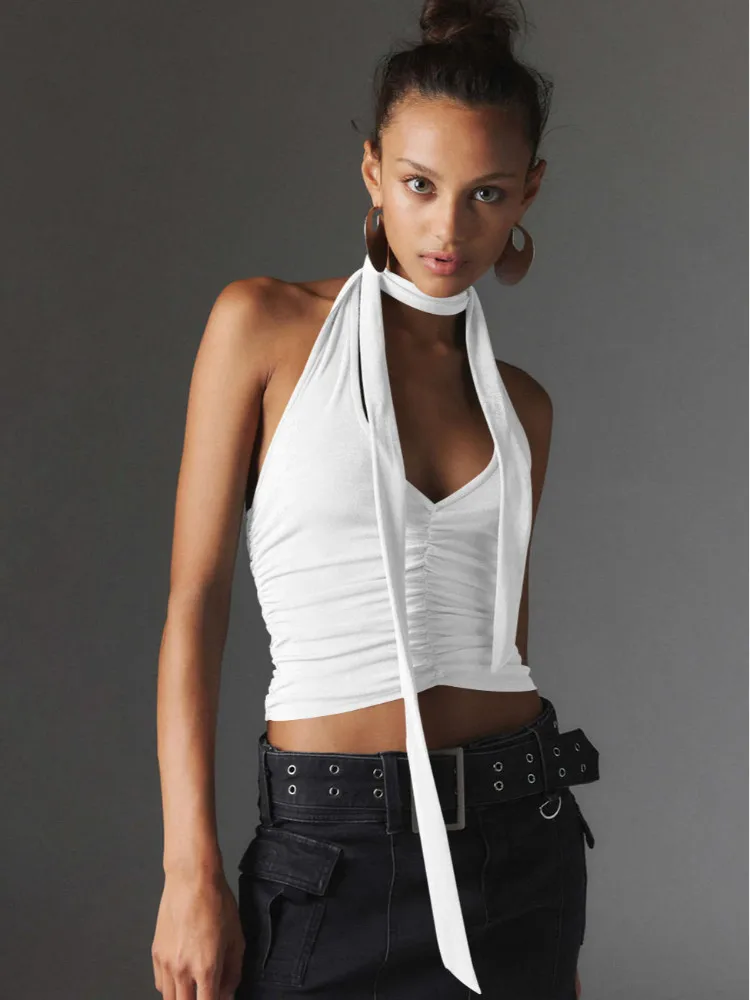 

Black Women Ski T Shirts Tops Clothing Sexy Fashion Crop Tops Sleeveless V Neck Halter Folds Backless Slim Vest Base Tees