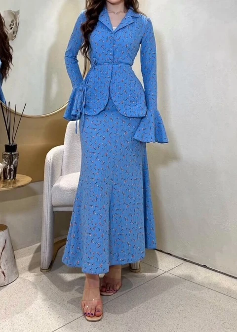 

Vintage Two Pieces Dress Set Womens 2024 Flare Sleeve Turndown Collar Floral Print Zipper Lace Up Blouse + High Waist Skirt Suit