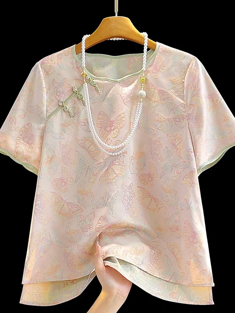

Young Version Chinese Style Silk Shirt Women Summer Thin round Neck Silk Button up Top Pattern Breathable ...